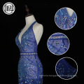 Floral design elegant blue sexy bare back sequin pronm evening dresses